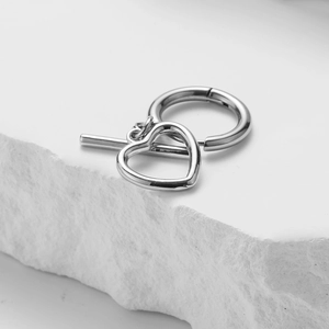 Minimalist silver stainless steel heart drop earrings with T-bar and polished finish