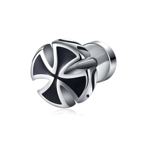 Punk style stainless steel stud earring with silver iron cross on black background