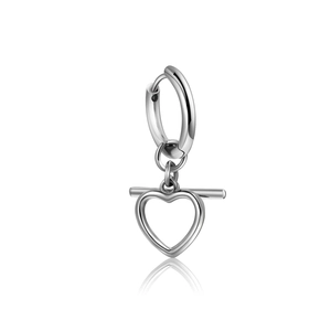 Sleek stainless steel hoop earring with hollow heart and T-bar OT toggle pendant
