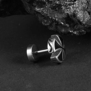 Titanium steel crown zircon stud earring with silver and black geometric cross design