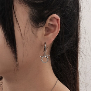 Minimalist silver bamboo texture earrings with geometric T-bar drop for women