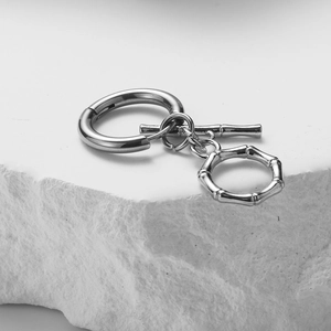 Polished stainless steel hoop earrings with bamboo texture hexagon pendant and T-bar