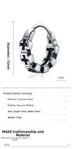 Detail view of 15mm vintage steel hoop earring with black cross patterns and measurements