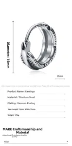 Detail view of silver titanium steel feather earring with 15mm size and weight specs