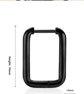 Macro view of minimalist black titanium rectangular hoop earring with 19mm by 14mm dimensions