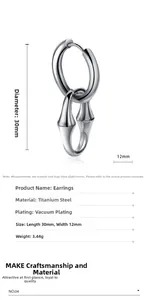Détail de la boucle d'oreille en acier inoxydable avec dimensions de 30mm sur 12mm