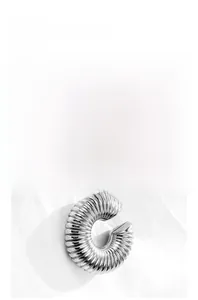 Detail view of a vintage silver punk wolf tooth earring with a spiral croissant texture