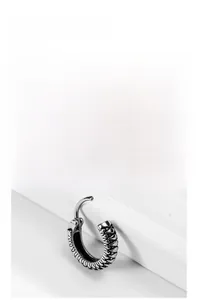 Detailed view of vintage silver steel hoop earring with textured scale pattern surface