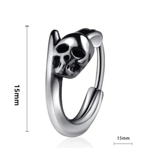 Detailed view of skull hoop earring in stainless steel with vintage black finish, 15mm size