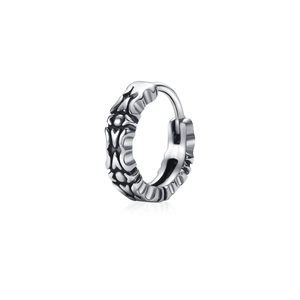 Retro punk style stainless steel hoop earrings with gothic engraved patterns on white background