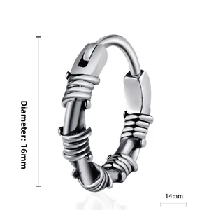 Detail view of retro steel hoop earring with wire wrap design, size 16mm by 14mm
