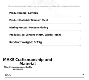Detailed specifications of titanium steel cross earrings showing 14mm size and 0.73g weight