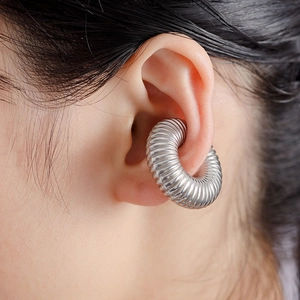 Retro punk silver stainless steel ear cuff with textured spiral pattern for non-pierced ears