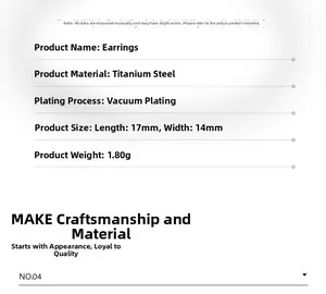 Specifications for titanium steel cross earrings showing 17mm x 14mm size and 1.80g weight