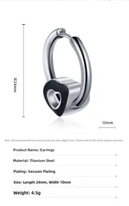 Detail of titanium steel earring showing vacuum plating finish and black heart pendant