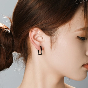 Minimalist black geometric rectangular hoop earring for men made of durable titanium steel