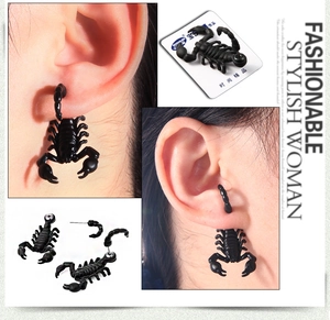 Gothic black scorpion stud earrings with split two-part punk street style design