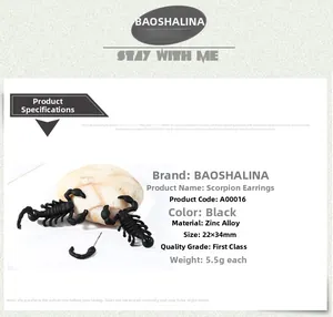 Detail view of black scorpion punk earrings with zinc alloy material and size parameters