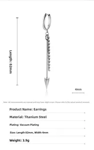 Detailed view of punk titanium steel long chain earring with dimensions 82mm and spike charm