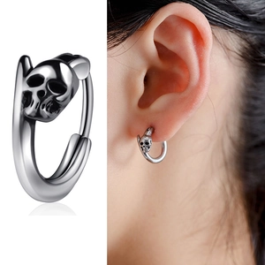Boucles d'oreilles créoles gothiques punk en acier titane tête de mort croix pour hommes femmes rétro argent poli bijoux hip hop