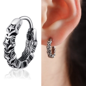 Boucles d'Oreilles Créoles en Acier au Titane Vintage pour Unisexe Punk Gothique Étoile Croix Crâne Bijoux Hip Hop Argent