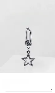 Polished silver star hoop earring featuring a delicate beaded edge design in stainless steel