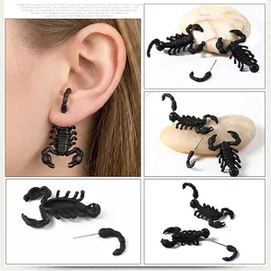 3D black scorpion stud earrings with punk split design shown in multiple angles