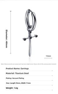 Macro view of cross sword titanium steel earring showing 40mm length and 1.6g weight details