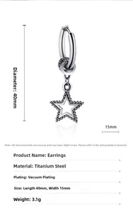 Detail view of titanium steel star earrings with vacuum plating and size specifications