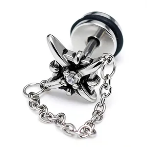Punk Stainless Steel Cross Rhinestone Chain Stud Earrings For Men Hip Hop Silver Color Unisex Decorative Jewelry
