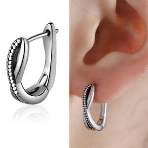 Boucles d'Oreilles Créoles Rétro Hip Hop en Acier Titane Pour Hommes Femmes Minimaliste Couleur Argent Texture Perlée Bijoux Cadeau