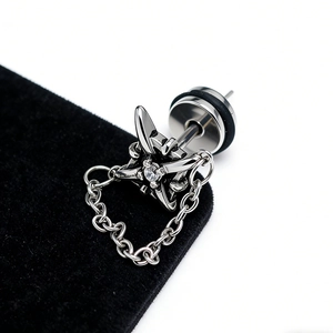 Punk style stainless steel cross star earring with zircon and U-shaped hanging chain
