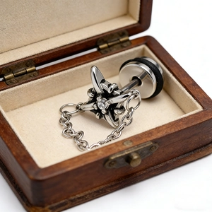Gothic stainless steel cross earring with zircon stone and chain in a wooden box