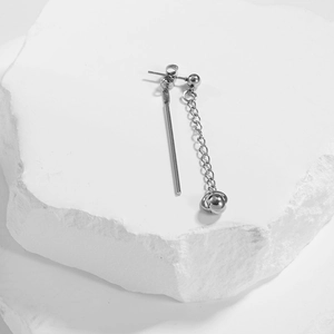 Minimalist silver cross drop earrings with fine chain and bead in titanium steel