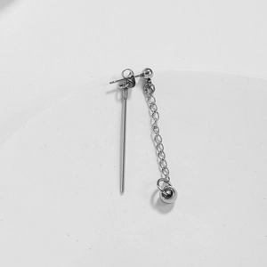 Minimalist silver stainless steel drop earring featuring a vertical bar and delicate chain