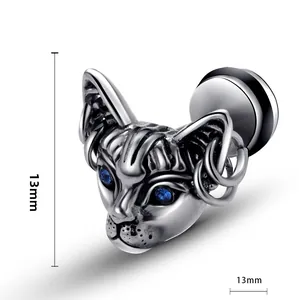 Macro view of vintage silver sphinx cat stud earring with blue gems and 13mm size