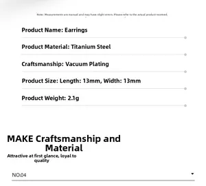 Detailed size chart for titanium steel cross earrings with vacuum electroplating specs
