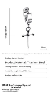 Macro detail of silver titanium steel cross sword earring with 40mm length measurements