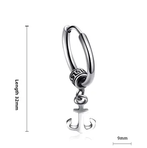 Detailed view of silver anchor earrings with dimensions showing 32mm length and 9mm width