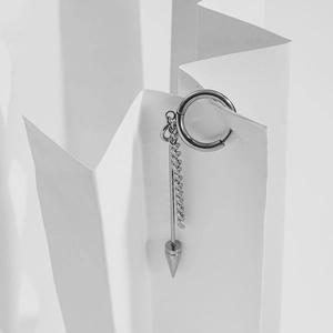 Minimalist stainless steel cross hoop earring with long chain and rivet cone pendant