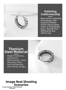 Macro detail of silver titanium steel hoop earring with mirror polished surface texture