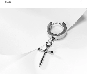 Detailed close-up of a silver sword drop earring with minimalist polished steel finish