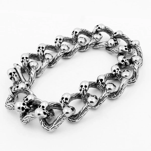 Close-up of gothic punk skeleton chain bracelet in silver vintage stainless steel