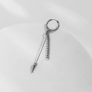 Punk style stainless steel hoop earring with long spike and thin metal chain dangle
