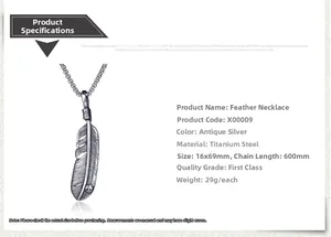 Detail view of vintage silver feather pendant in titanium steel with 60cm chain