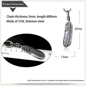316L stainless steel feather pendant necklace with 3mm chain and 600mm length