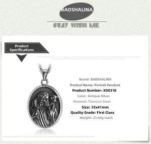 Detail of Jesus holding a lamb on a 33x41mm vintage steel pendant weighing 21.64g