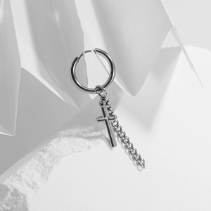 Polished titanium steel cross hoop earring with long chain drop on minimalist white background