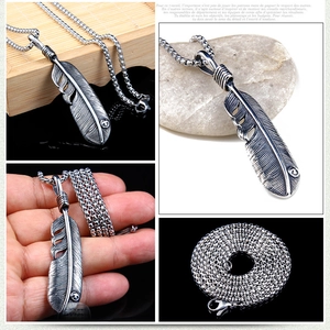 Vintage stainless steel feather pendant necklace with silver box chain for men
