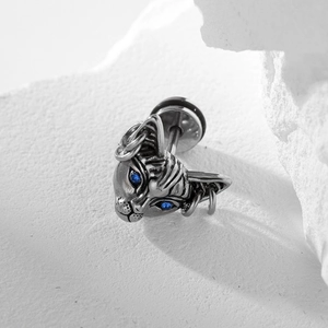 Sphinx cat head earring in vintage silver finish with blue zircon eyes and ear hoop detail